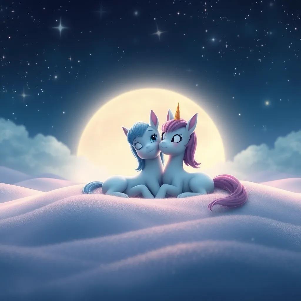 Starlight and Luna nestled in soft moon dust, looking up at the twinkling stars, vast moon landscape around them, peace and serenity, dreamlike quality, soft color palette, warm and inviting