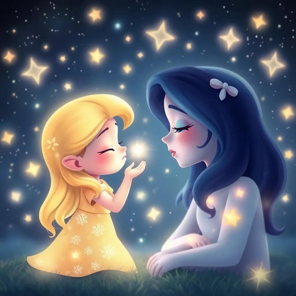 Starlight whispering her wish with closed eyes, while Luna listens carefully, with a magical starry scene unfolding around them, glowing softly, harmonious and dreamy, child-friendly art, whimsical design