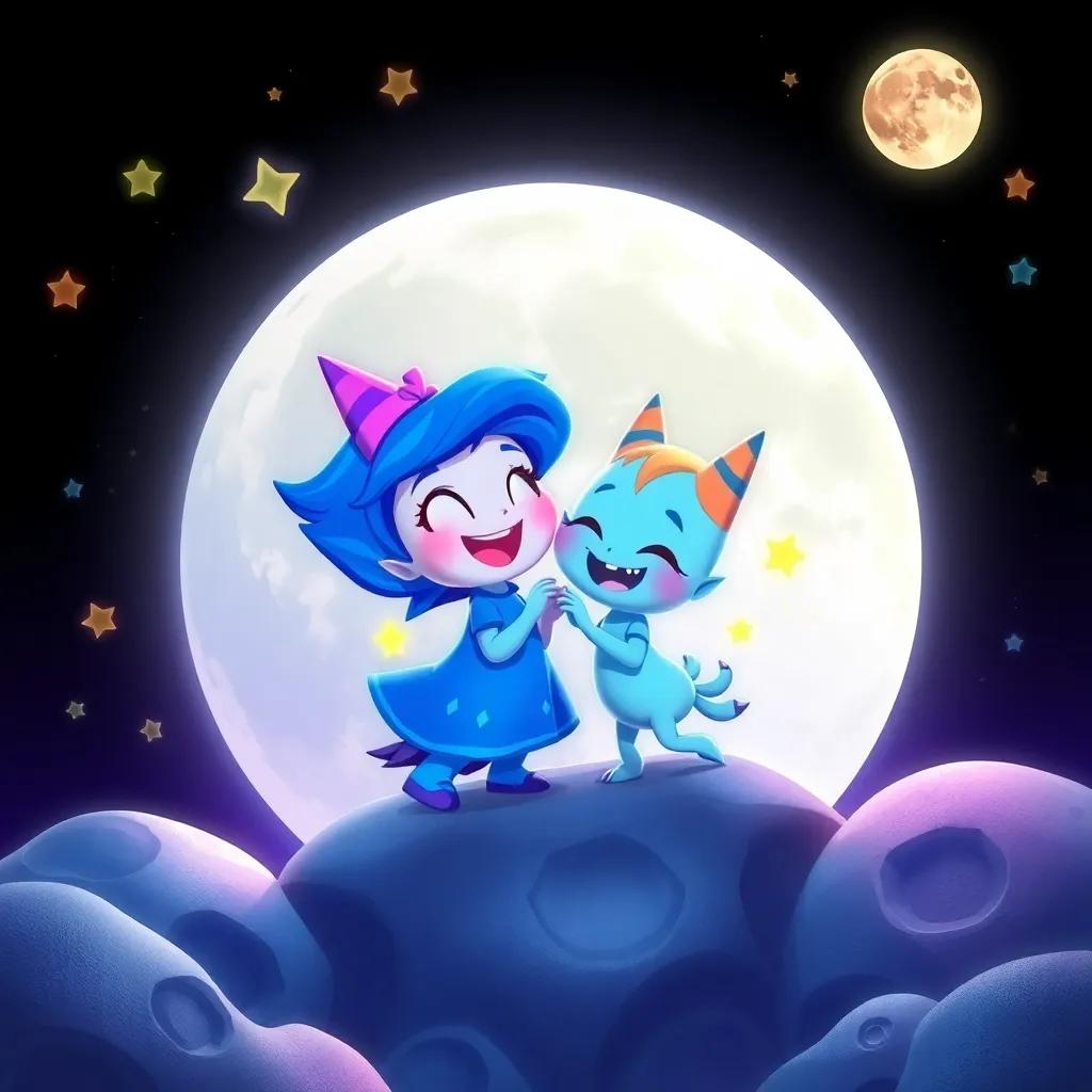 Luna and Starlight together, exploring and laughing, in various fun moon settings, surrounded by stars, craters and colors of the moon, joyful imagery, exciting and adventurous scenes, delightful and playful