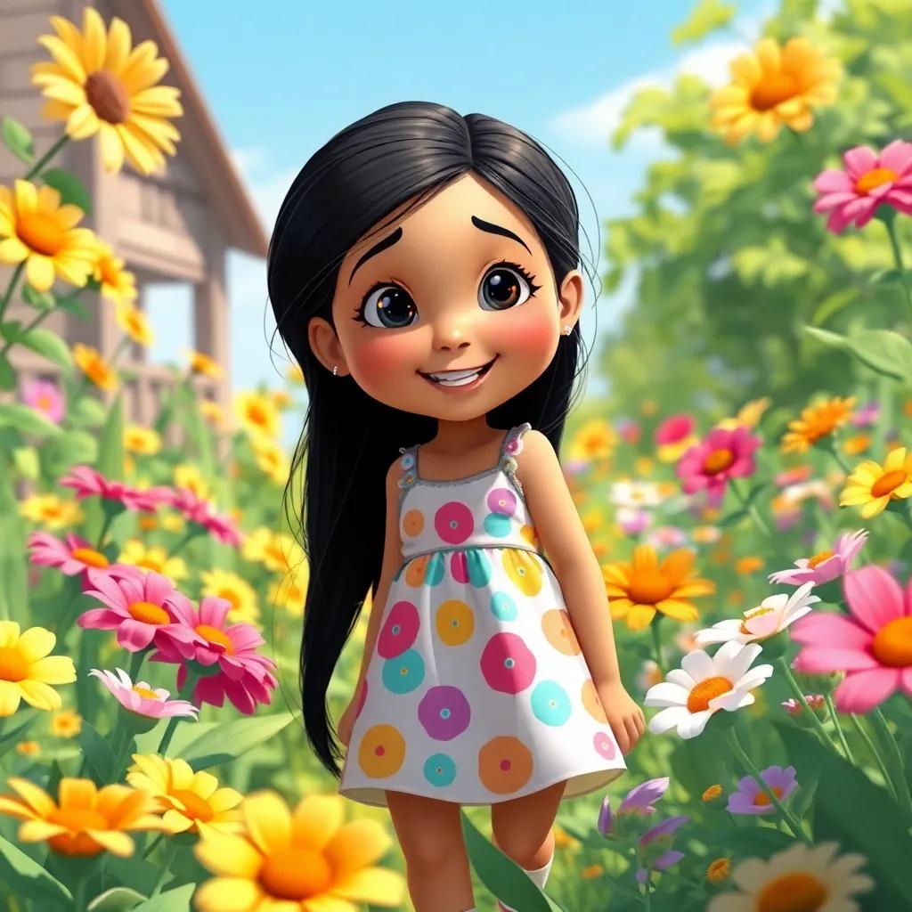 A young Hispanic girl, Luna, with long black hair, wearing a colorful dress, exploring her flower-filled garden with excitement, sunny day, digital art, vibrant colors, cheerful atmosphere, high quality