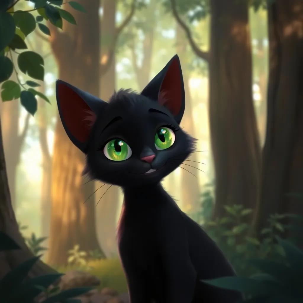 A black cat, Félix, with bright green eyes, smiling as he talks to Luna in the enchanted forest among tall trees and sunlight filtering through leaves, digital painting, magical, whimsical, high quality