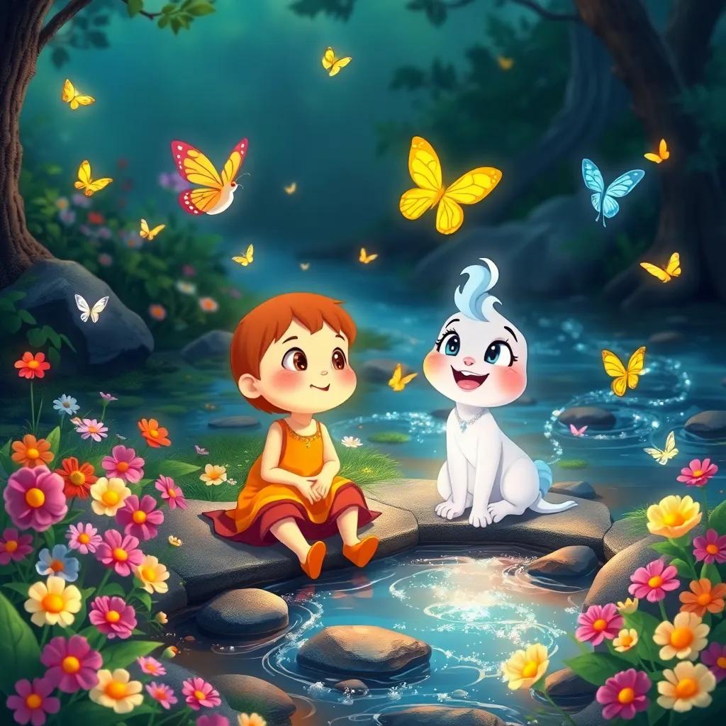 Luna and Félix sitting by a singing stream with sparkling water, surrounded by colorful flowers and butterflies fluttering around, joyful atmosphere, illustration, cheerful colors, high quality