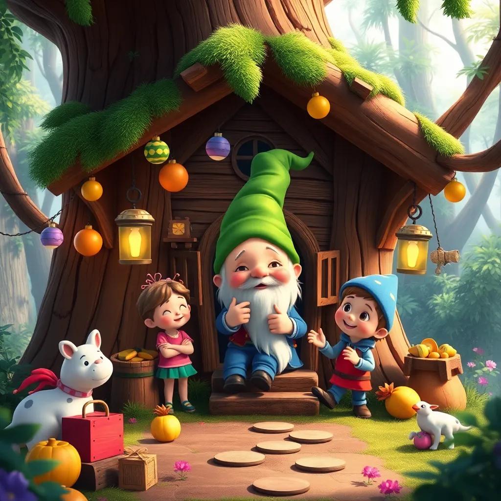 A little green hat-wearing gnome inviting Luna and Félix to his tree house, surrounded by magical toys and laughter in a whimsical forest setting, illustration, bright and cheerful, high quality