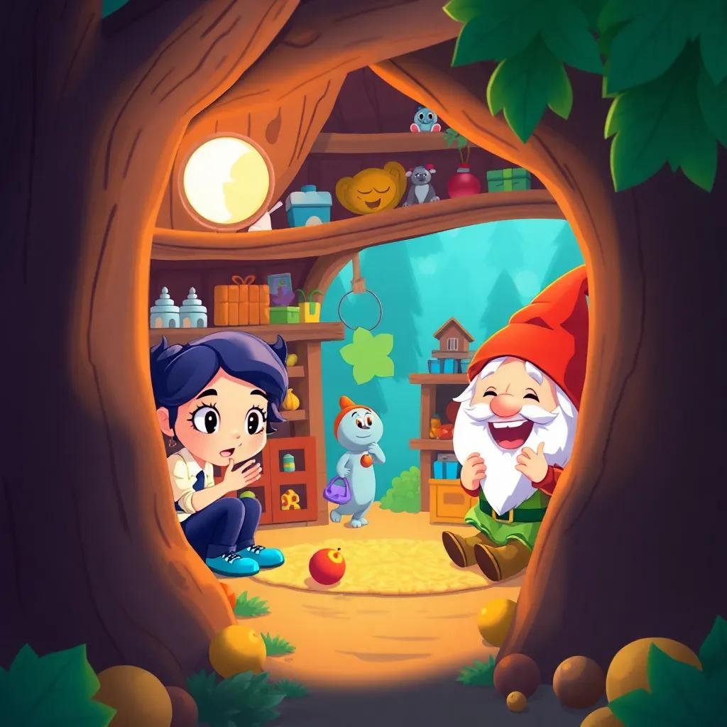Luna, Félix, and the gnome playing hide and seek inside the gnome's tree house filled with toys and joy, warm lighting, happy faces, child-friendly illustration, vibrant colors, high quality