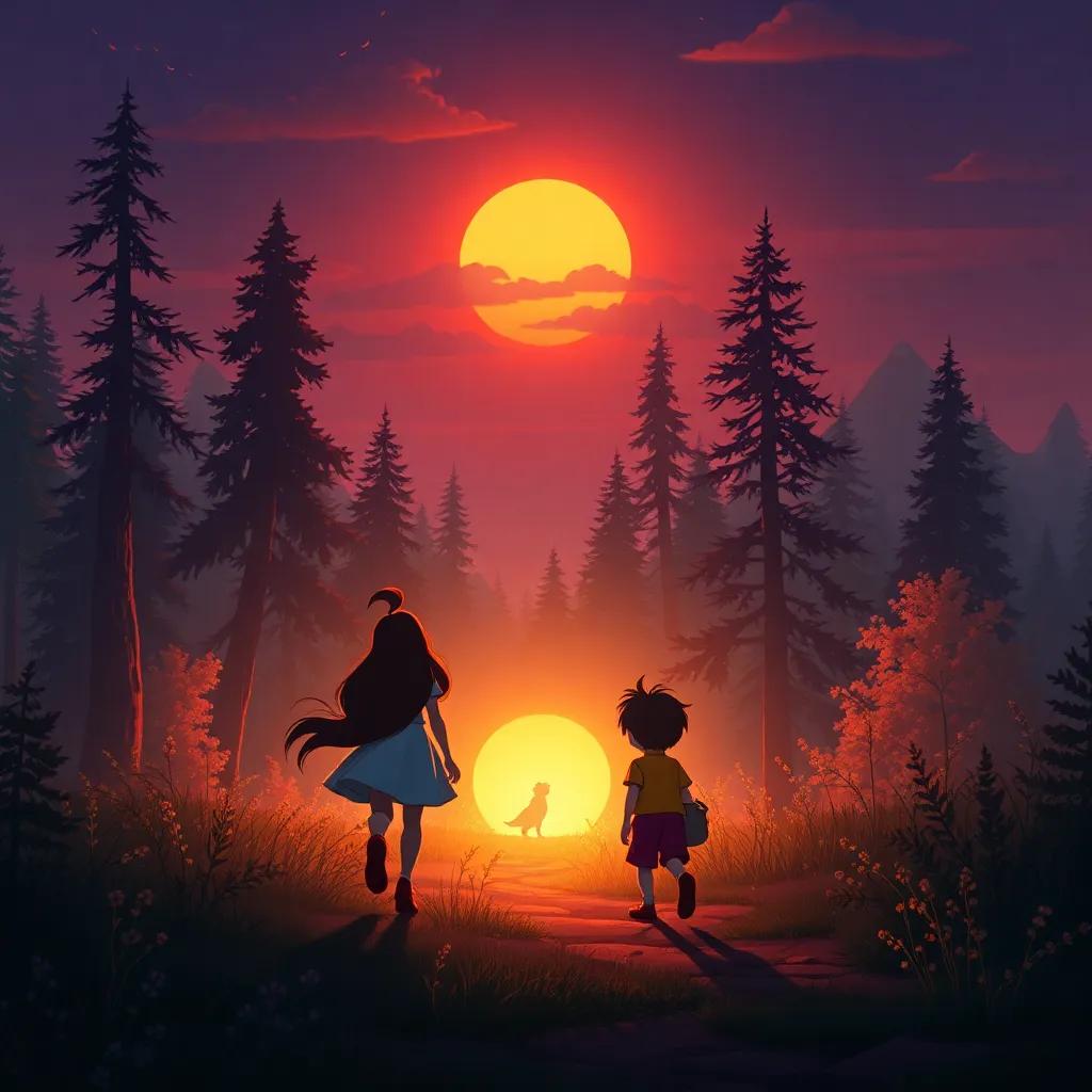 The sun setting over the enchanted forest, Luna and Félix walking back home, surrounded by lovely sights and sounds of nature, warm colors, dreamy atmosphere, digital art, high quality