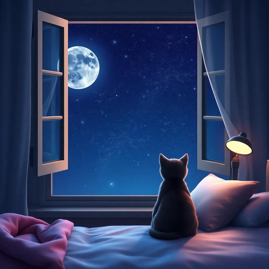 Luna looking out the window at the starry sky, dreaming of her adventures with Félix, the talking cat, a cozy bedroom scene, soft lighting, peaceful, high quality
