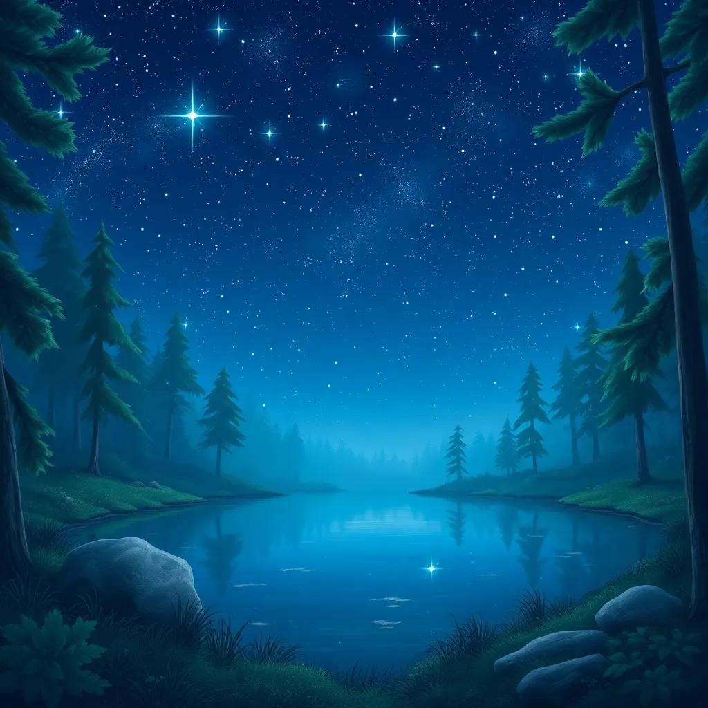 A peaceful night sky filled with stars shining bright, reflecting in the calm waters of a small lake in the enchanted forest, serene atmosphere, illustration, magical, high quality