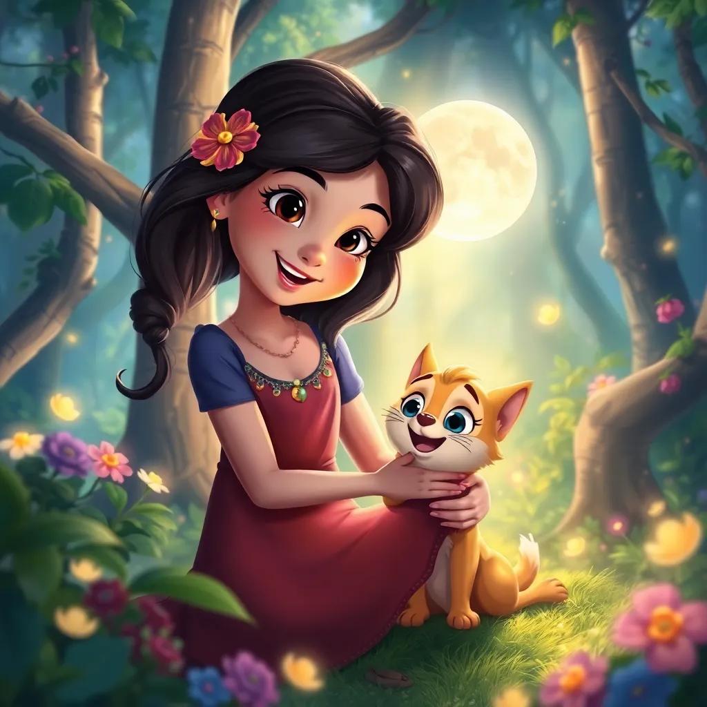 A beautiful illustration of Luna with Félix in the enchanted forest, filled with magic and friendship, joyful and hopeful mood, colorful, high quality
