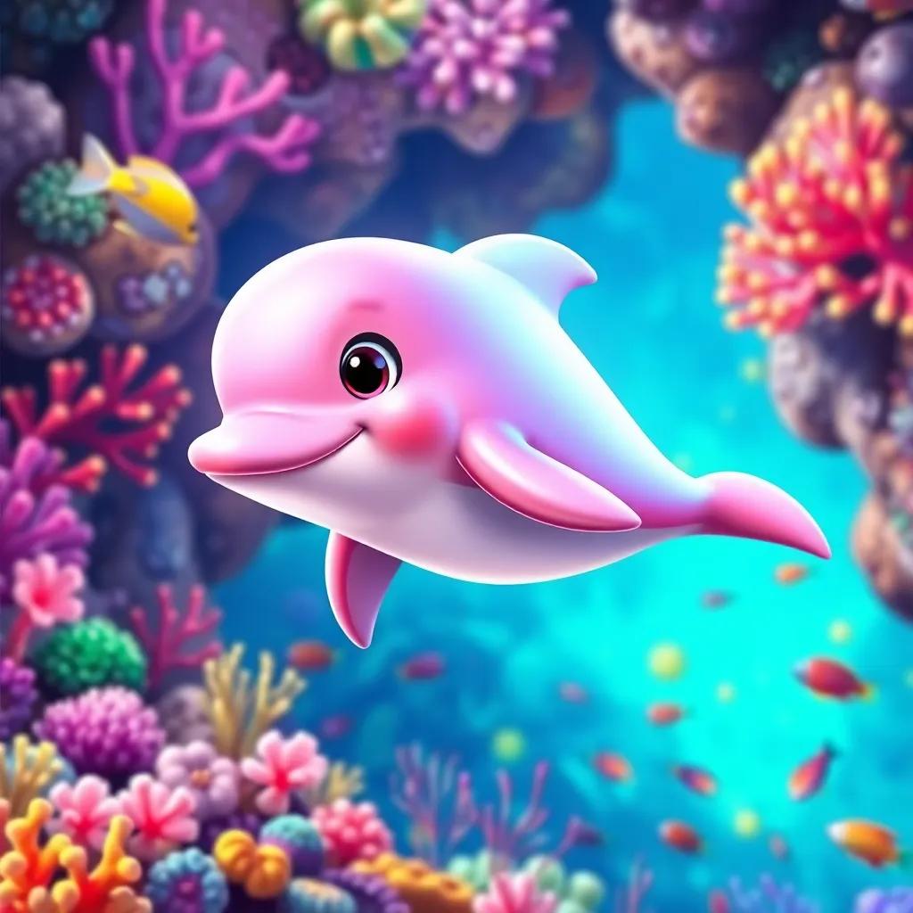 A pink dolphin named Luna, with friendly eyes and a shining, smooth body, swimming happily in a colorful coral reef with bright fish and plants, digital art, vibrant colors, joyful atmosphere, high quality