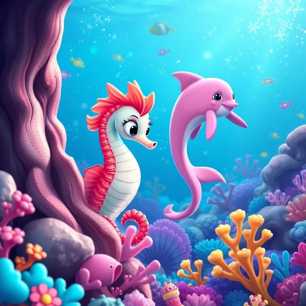 Ariel, a shiny seahorse, curiously peering out from the coral as Luna, the pink dolphin swims beside him, with a sparkling ocean background filled with colorful marine life, illustration, cheerful, lively, underwater scene, high quality