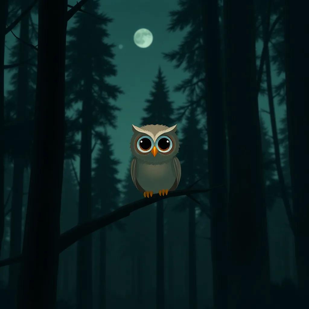 A little owl named Luna, with big round eyes, sitting on a branch in a dark forest surrounded by tall shadowy trees, a still sky above, digital art, serene, deep greens and browns, warm and inviting atmosphere, high quality