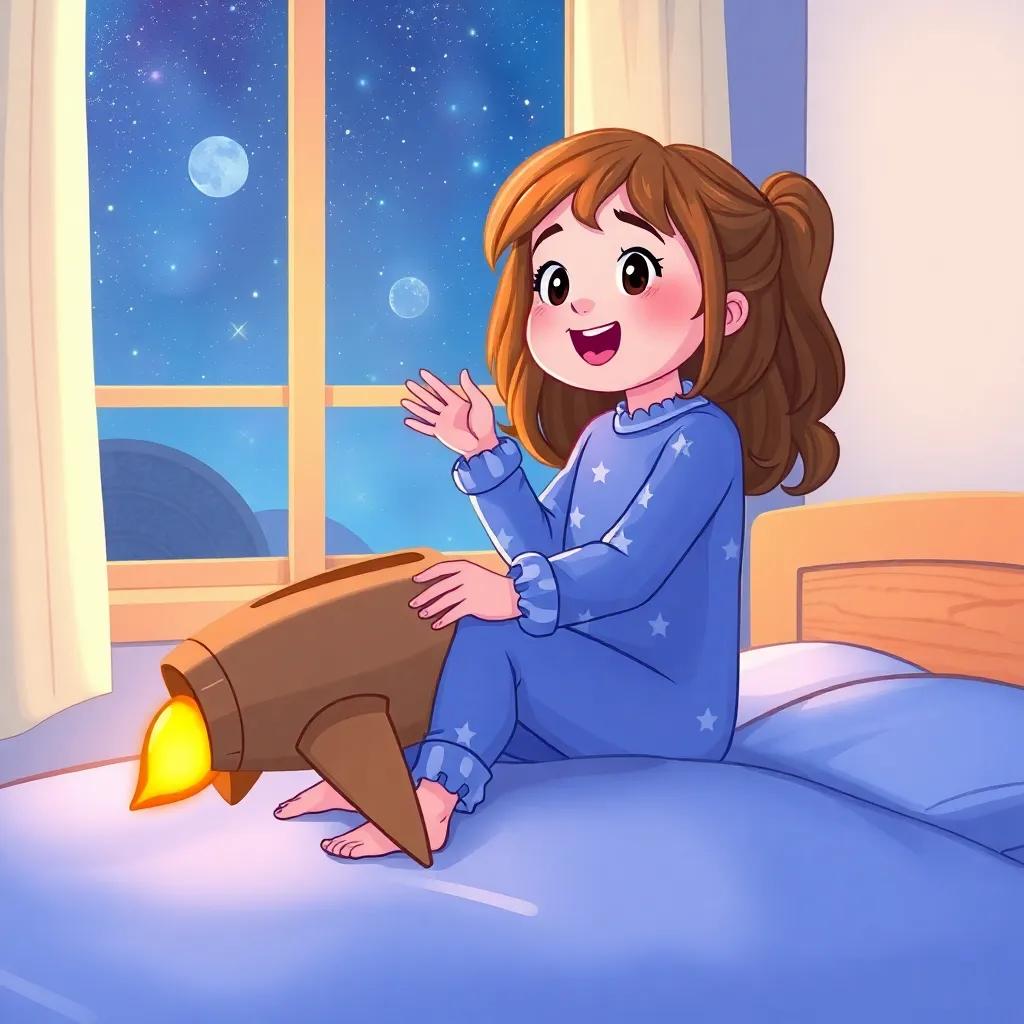 Luna, a little girl sitting on her bed with a big cardboard rocket ship, wearing pajamas with stars, excitedly looking at the night sky through her window, illustration, vibrant colors, cozy atmosphere, high quality