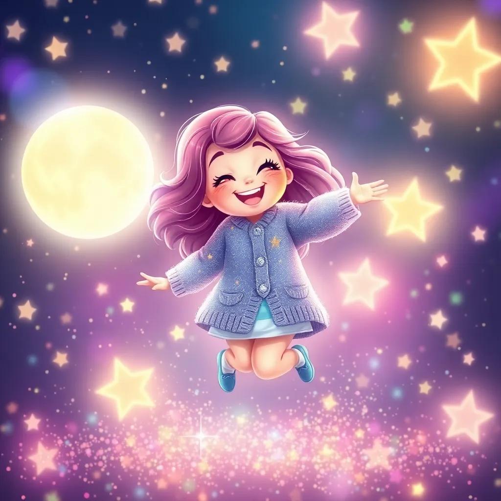 Luna dancing joyfully among twinkling stars, a sparkly cardigan shimmering around her, surrounded by colorful stardust, digital art, magical, vibrant colors, high quality