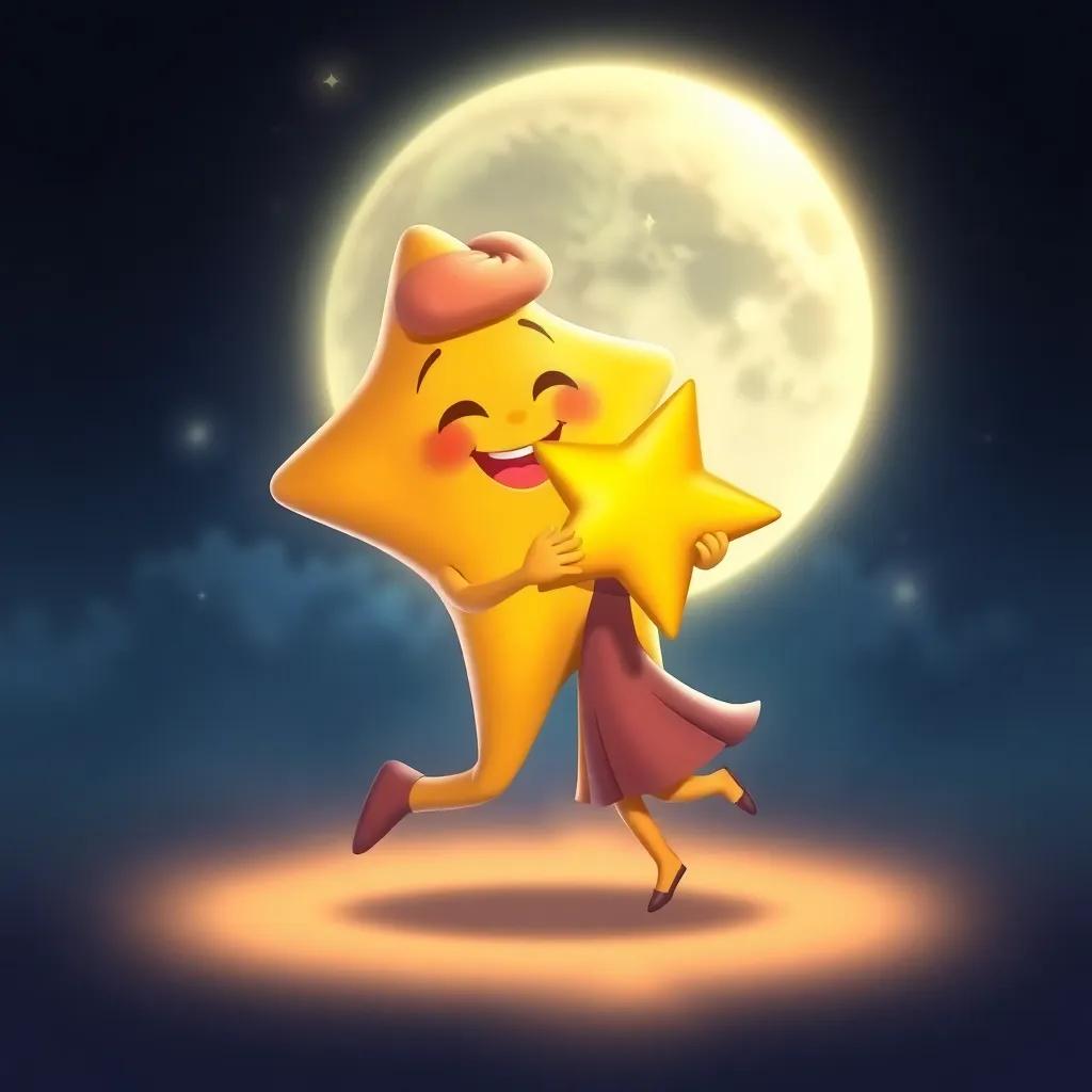 A friendly star dancing with Luna, both surrounded by the moon's glow, Luna with a joyful expression, the star twinkling and winking, digital painting, enchanting colors, warm light, high quality