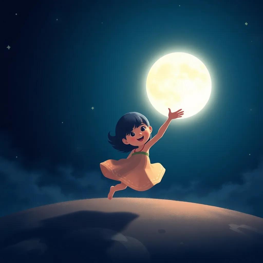 Luna spinning near the moon, her small hands reaching out to touch its soft glow, filled with joy, nighttime sky around her, illustration, warm and inviting, high quality