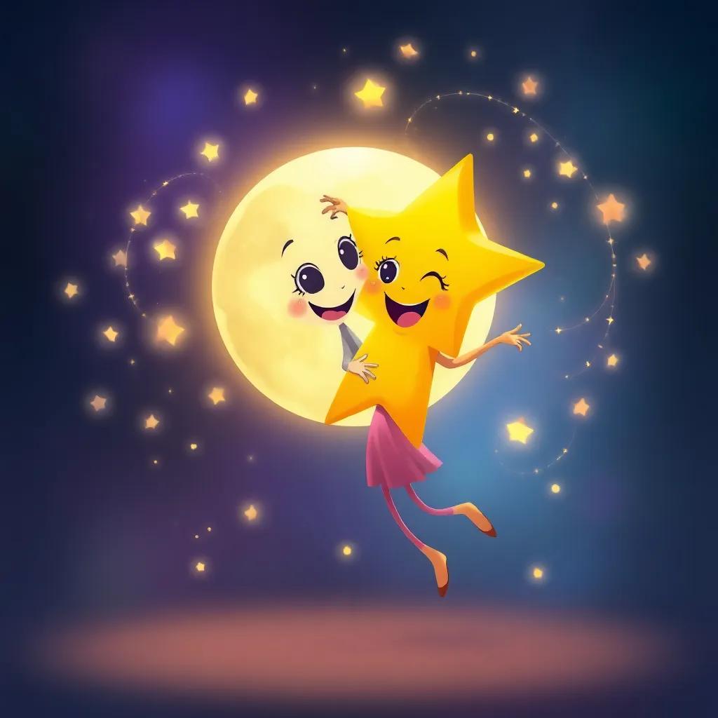 Luna and a star dancing together with swirling stardust, playful and cheerful atmosphere, vibrant colors surrounding them, digital art, whimsical, high quality