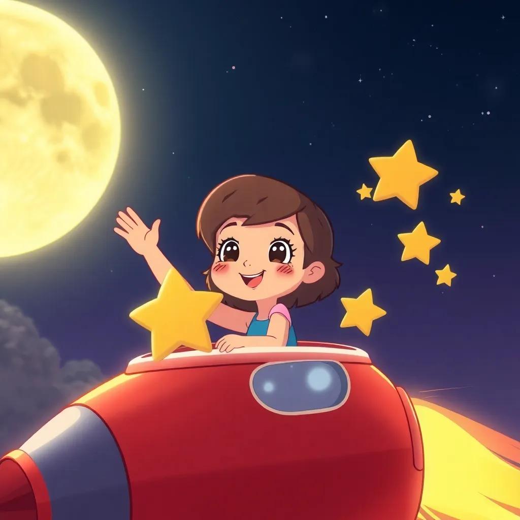 Luna smiling as she waves goodbye to her star friends, sitting in her rocket, the moon shining brightly behind her, warm colors of nighttime sky, illustration, nostalgic, high quality