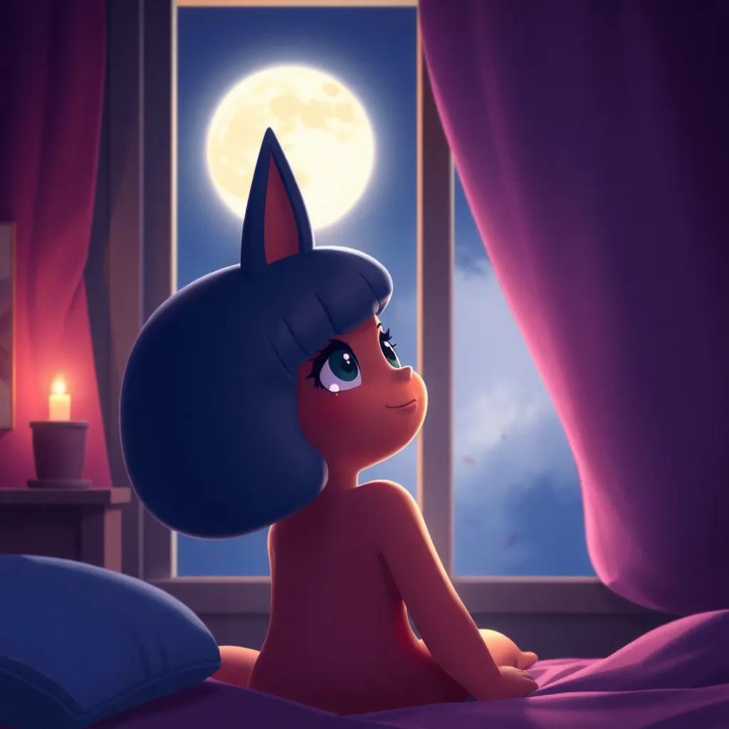 Luna back in her room, eyes sparkling as she looks at the moon through her window, with a soft glow lighting up her face, cozy evening atmosphere, digital painting, heartwarming, high quality