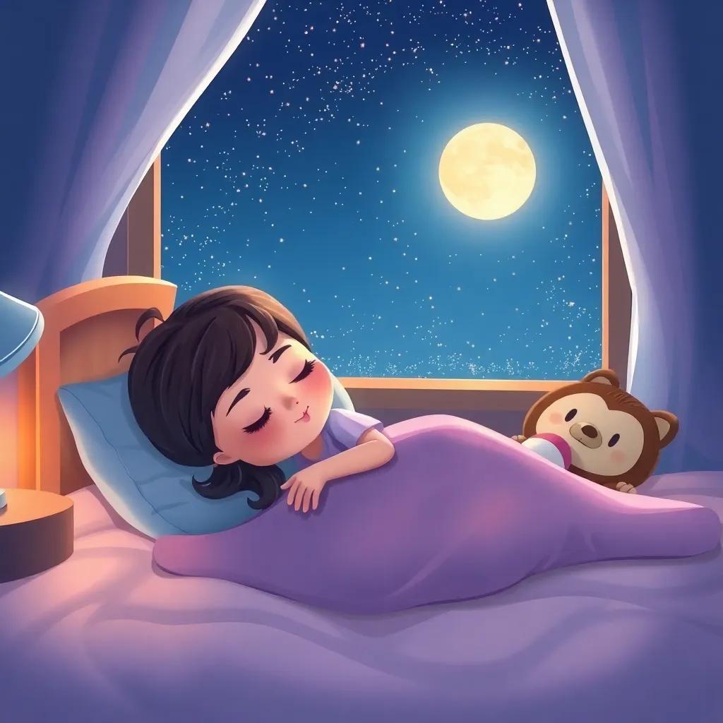 Luna sleeping peacefully in her bed, with a twinkling night sky visible outside her window, surrounded by stuffed animals, a gentle light from the moon, illustration, comforting, warm colors, high quality