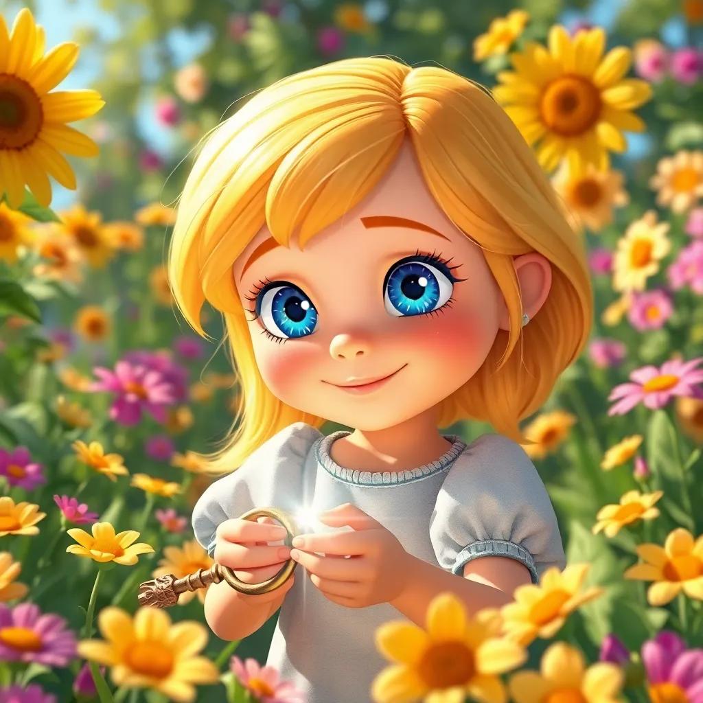 A brave little girl, Luna, with sparkling blue eyes and golden hair, finding a shiny key in a sunny garden filled with flowers, bright and cheerful atmosphere, vibrant colors, high quality