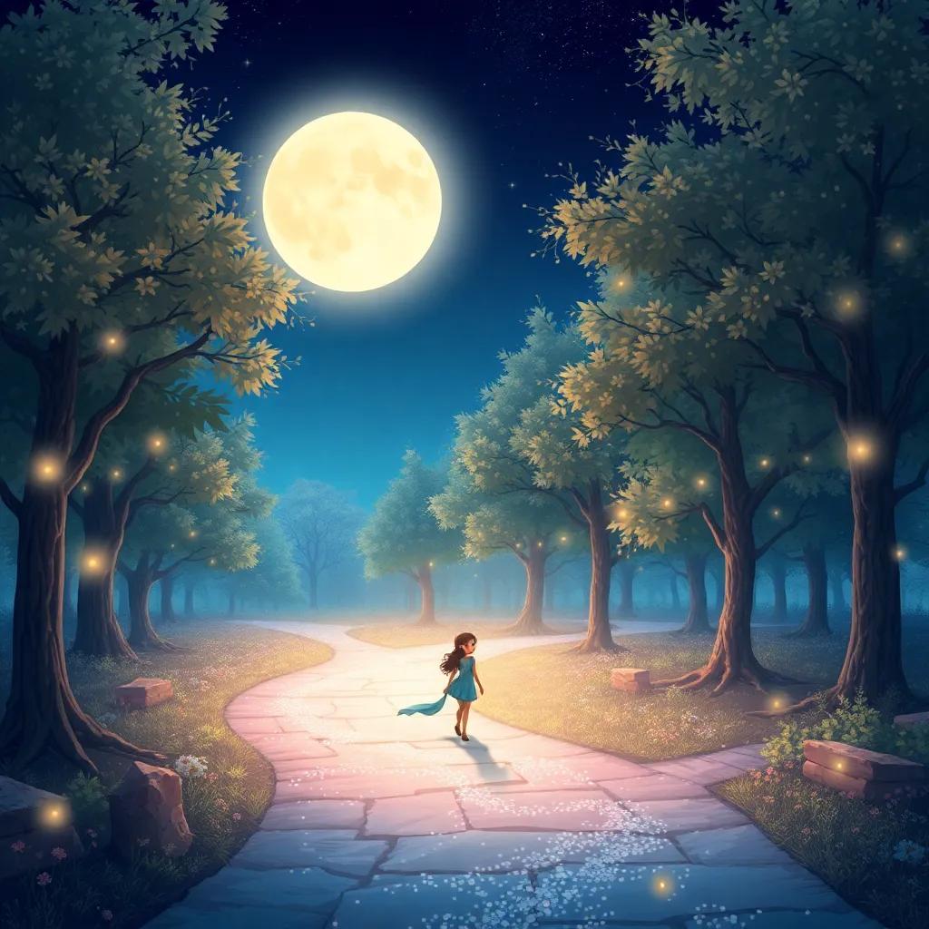 A shimmering path under a glowing moonlight, sparkling like stars, with Luna walking on it, surrounded by whispering trees, detailed illustration, enchanting, soft light, inviting ambiance, high quality