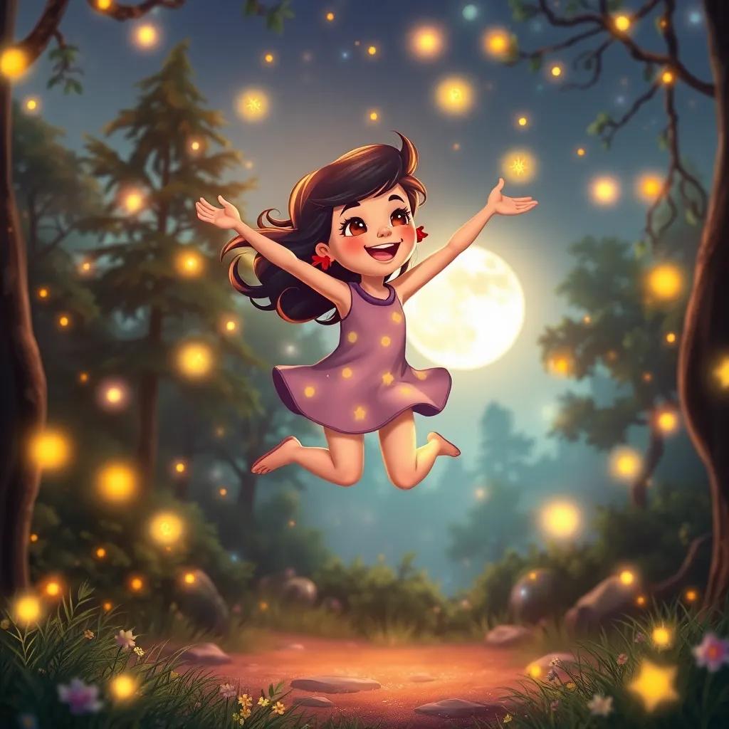 Colorful fireflies dancing around Luna, as she leaps with joy, with a bright moon in the background, the forest clearing is alive with magic, charming, whimsical, warm colors, high quality