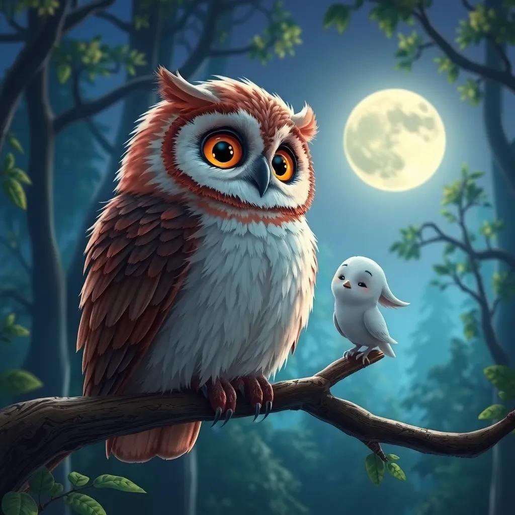 A wise old owl perched on a branch, with fluffy feathers and bright eyes, Luna looking up at him with a smile, moonlight filtering through the trees, magical forest, detailed, vibrant colors, heartwarming scene, high quality