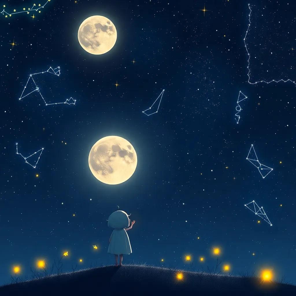 A beautiful night sky filled with stars and constellations, Luna gazing at Orion with glowing fireflies around her, astronomy-themed, whimsical, colorful, dreamlike, high quality