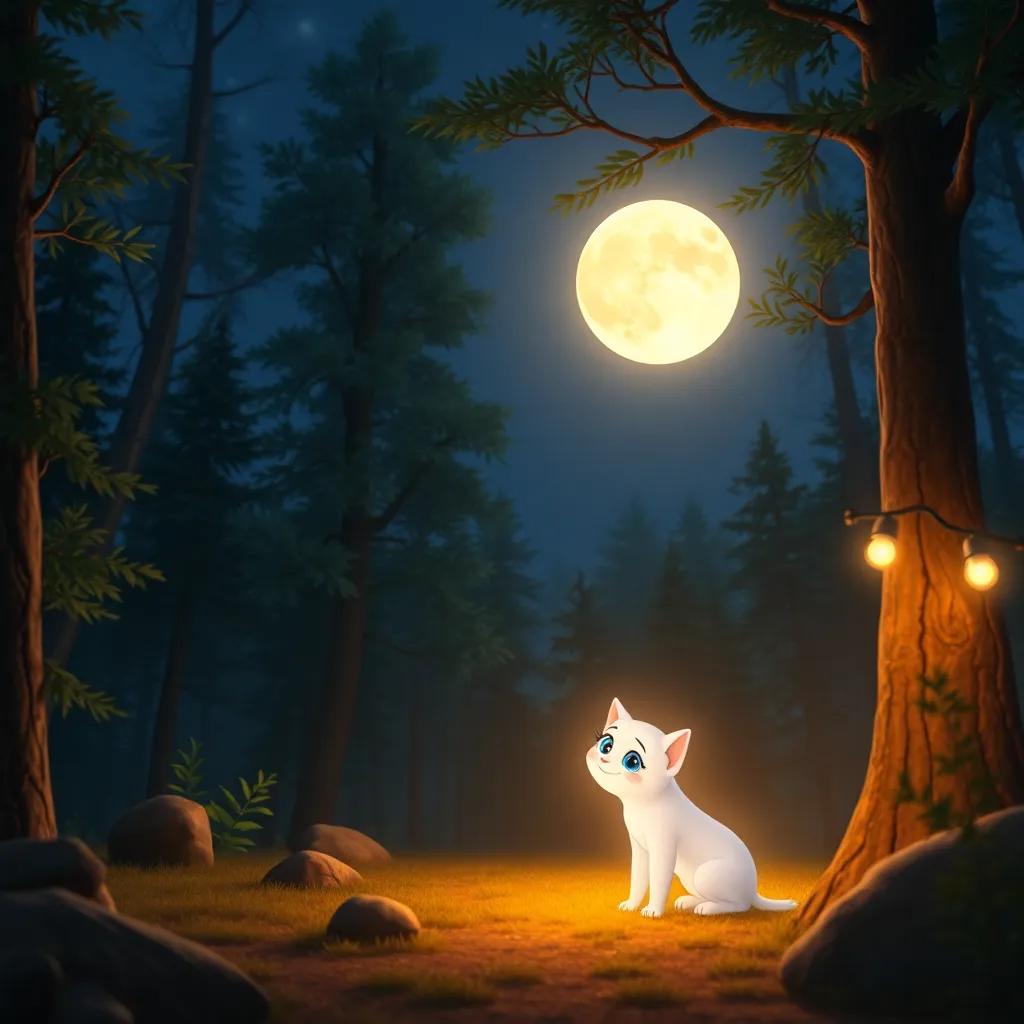 A wonderful scene of the moon shining softly, illuminating Luna as she smiles at it, with cozy forest surroundings, peaceful atmosphere, dreamy, warm light, high quality