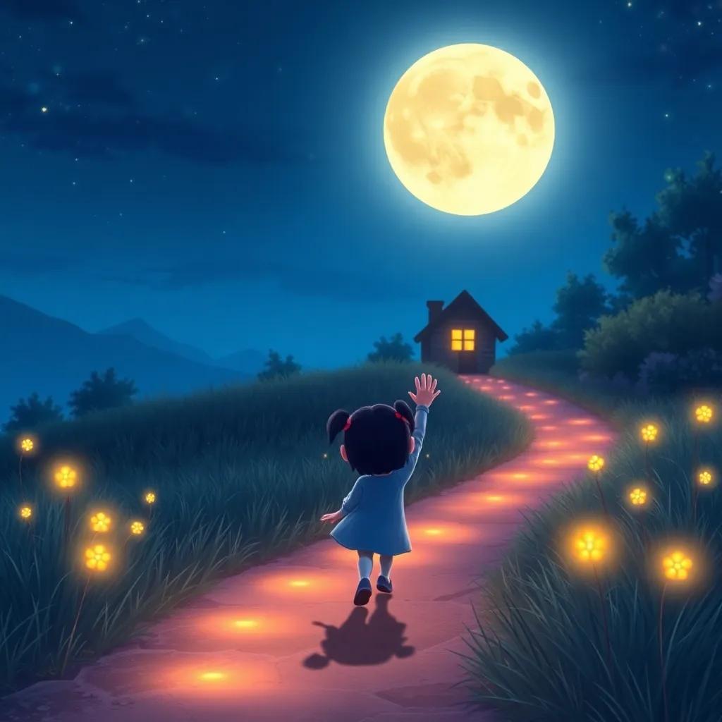 A happy scene with Luna retracing her steps along the glowing path towards home, with the moon shining brighter as she waves goodbye to her firefly friends, enchanting, joyful colors, heartwarming, high quality