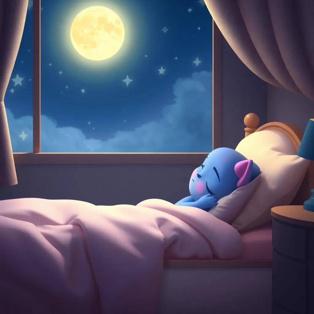 A sleepy Luna in her cozy bed, dreaming of her adventure, surrounded by soft stars and moonlight filtering in through her window, tranquil, dreamy, soothing environment, high quality