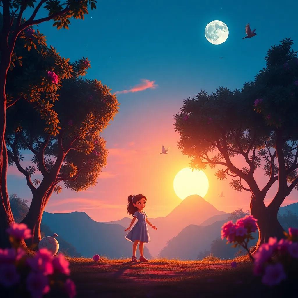 A beautiful dawn breaking as Luna's adventure ends, sunlight peeking through the trees, birds singing, showcasing the beautiful world waiting for her after her magical night, vibrant, heartwarming, cheerfully bright, high quality
