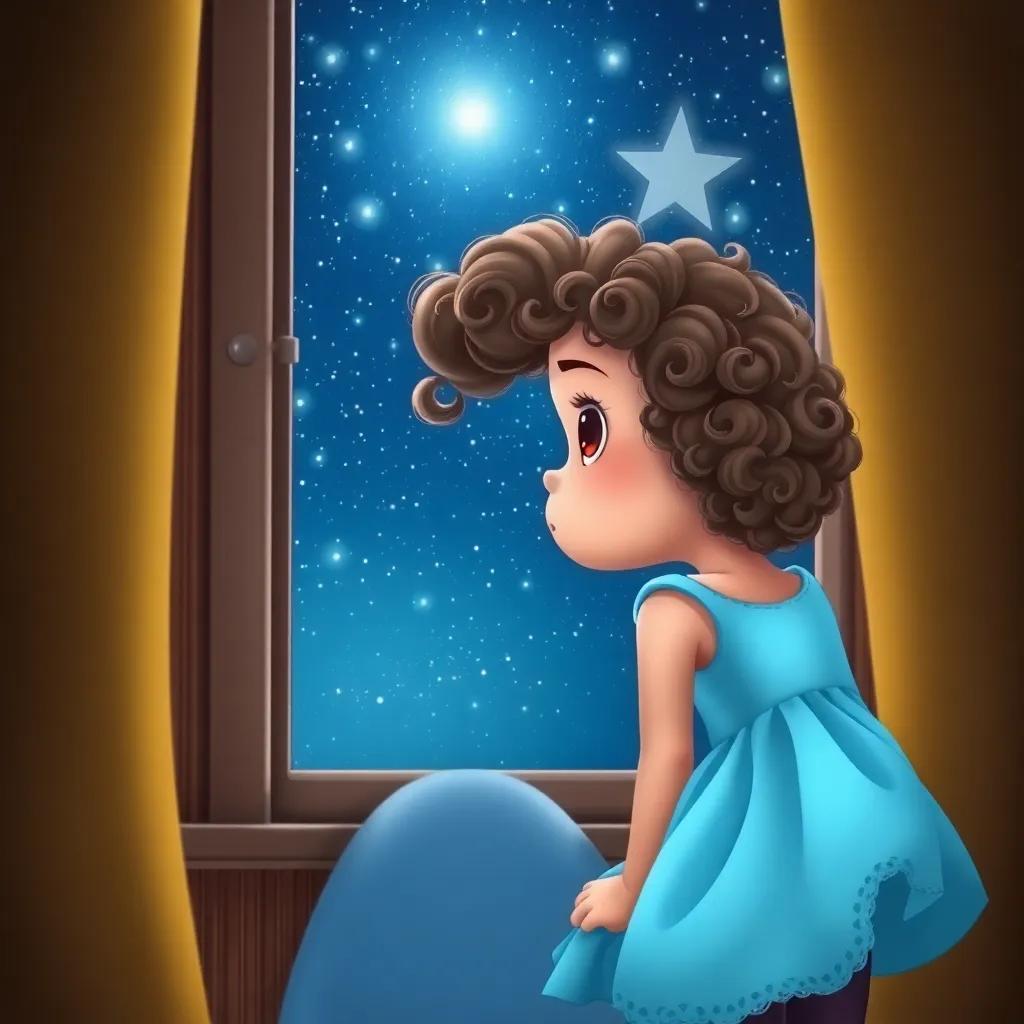 A curious little girl, Luna, with curly brown hair wearing a pastel blue dress, gazing out her window at a bright starry sky, enchanting atmosphere, digital art, soft and inviting ambiance, warm colors, high quality