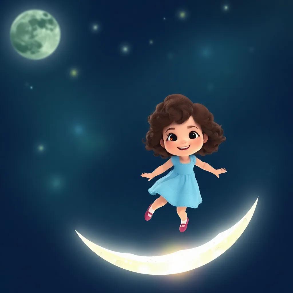 Luna, a curious little girl with curly brown hair in a pastel blue dress, floating joyfully on the bright moon's surface, the moon shining beneath her feet, sparkly and magical scene, vibrant colors, whimsical perspective, high quality