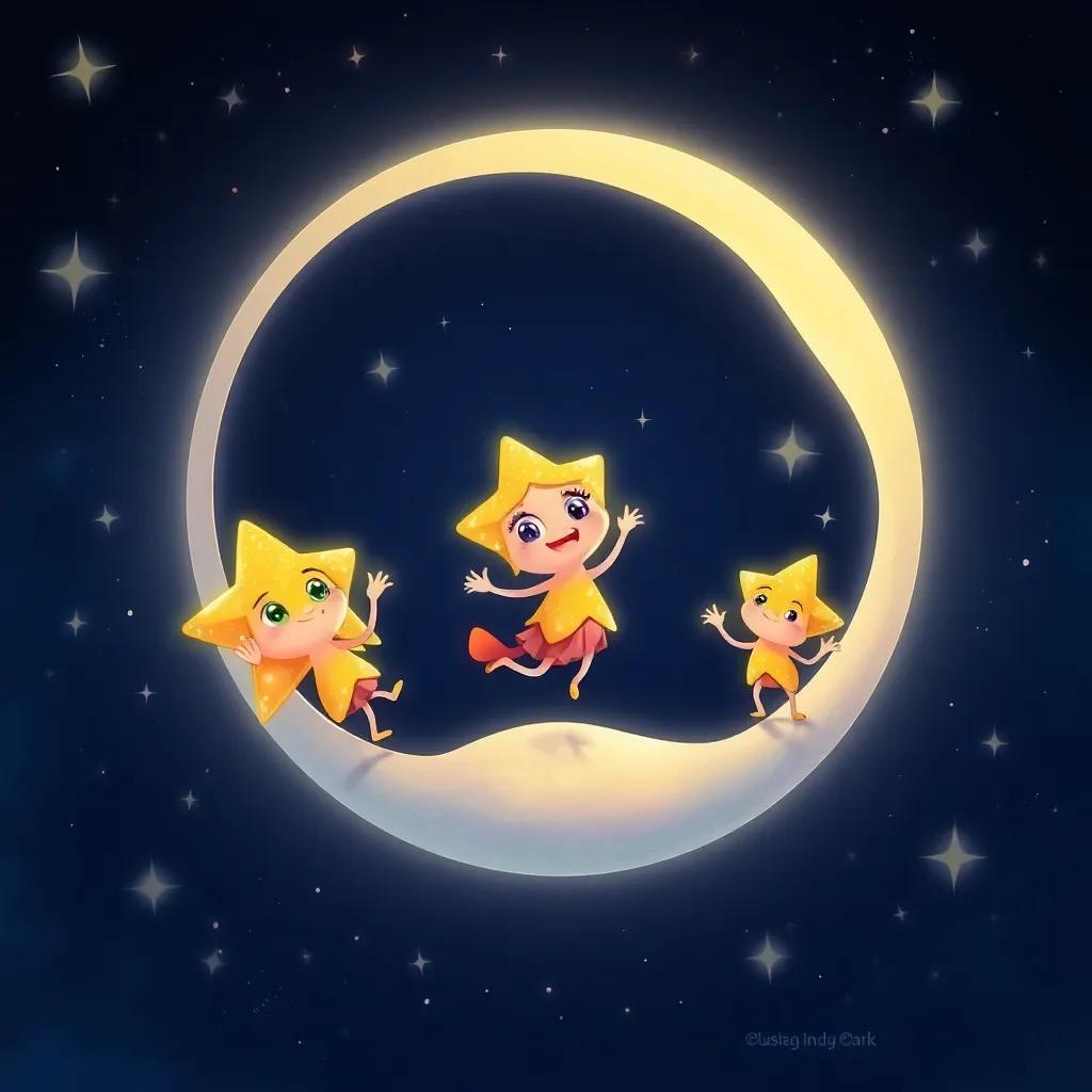 Twinkling star creatures, glimmering and playful, dancing with Luna on the moon, surrounded by sparkling stars and a deep indigo night sky, fantasy illustration, cheerful, bright colors, lively atmosphere, high quality