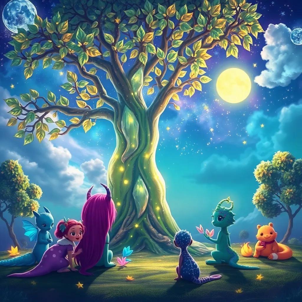 A magical crystal tree with shimmering leaves, star creatures gathered around Luna, sharing stories and painting the sky with colors, dreamlike setting, vibrant and lively, imaginative, high quality