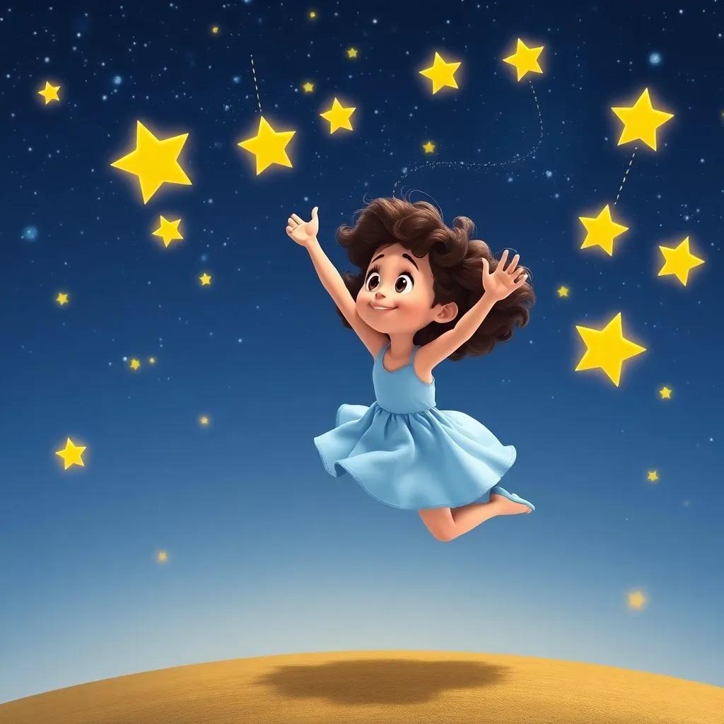 Luna, a young girl with curly brown hair wearing a pastel blue dress, jumping to catch shooting stars with the star creatures, cosmic ballet in the starry sky, action-packed, child-friendly style, high quality