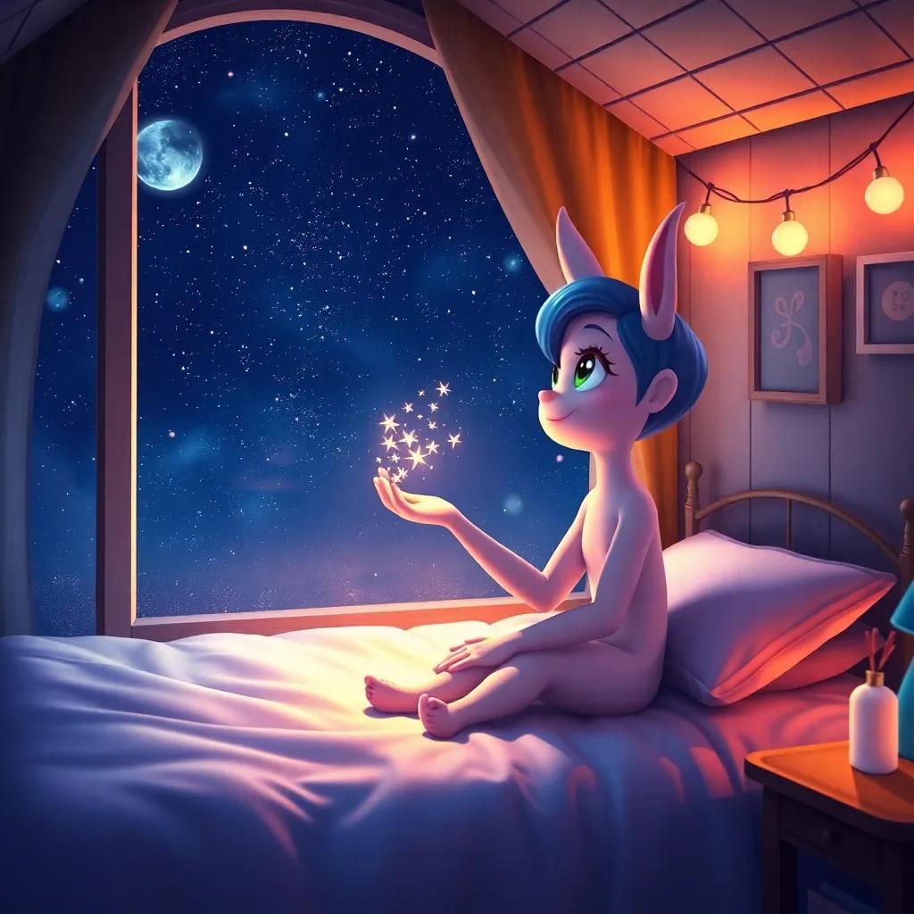 A cozy room with Luna sitting on her bed, holding stardust in her hand and looking out at the night sky, magical ambiance, warm colors reflecting in her eyes, serene and heartwarming, high quality