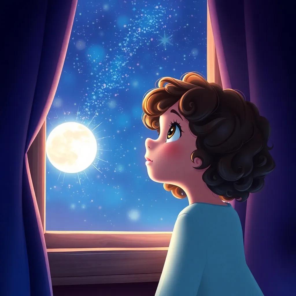 Luna, a little girl with curly brown hair, looking up at the stars from her window, imagination flowing with stardust surrounding her, creating a connection between her and the moon, dreamy atmosphere, vibrant colors, high quality