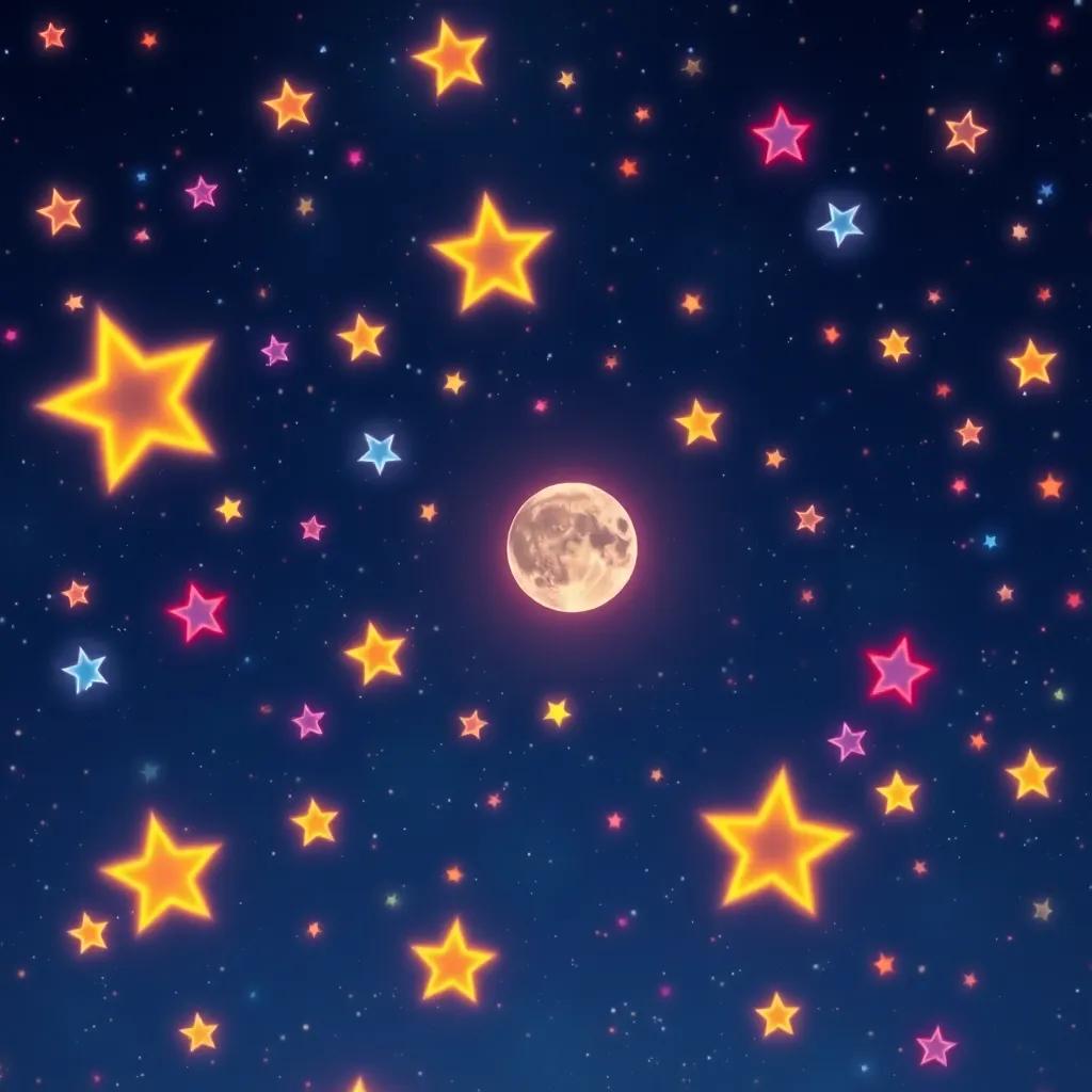 A night sky filled with vibrant shooting stars, each representing Luna's dreams, the moon glowing softly in the background, magical and expansive feel, artful, enchanting colors, high quality