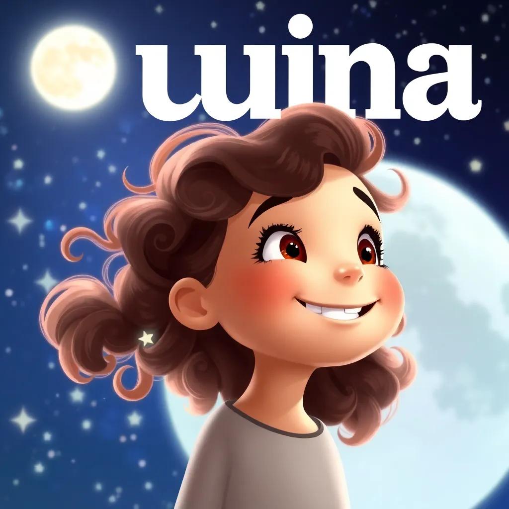 Luna, a young girl with curly brown hair, smiling brightly at the twinkling stars, a connection to her friends on the moon, a sense of hope and dreams echoing in the night, cheerful, imaginative, high quality