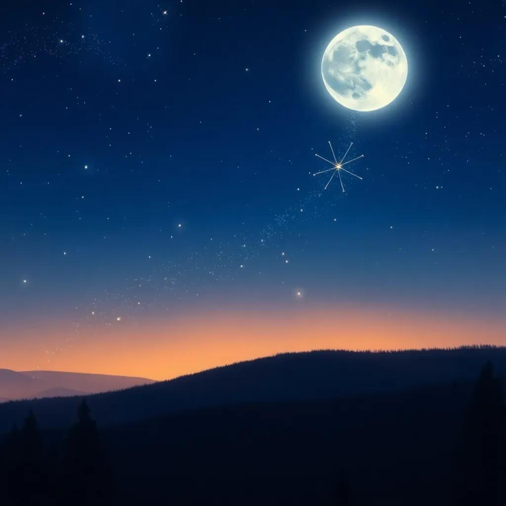 The moon shining brightly in the night sky with stardust trails behind, symbolizing Luna's heartwarming connection to the magic of her starlight journey, uplifting and peaceful, artful colors, fantasy, high quality