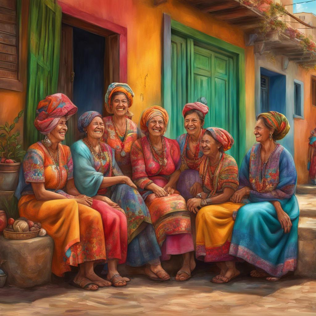 A group of women in a colorful neighborhood, lively setting, in the community of Suteym Almoloya, smiling and sharing stories, with traditional clothing, warmth and unity, bright colors, cheerful atmosphere, digital painting, detailed, community spirit, high quality