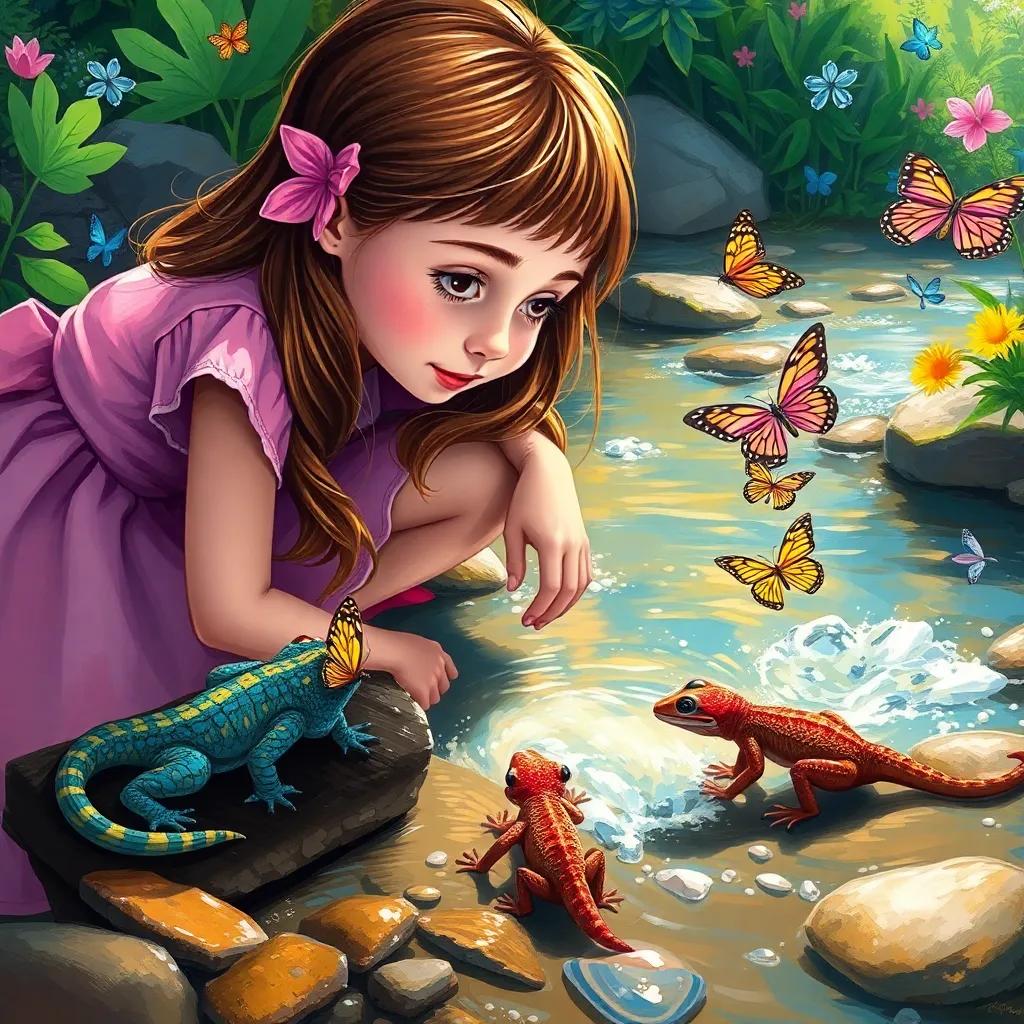 Lyla, a young girl with brown hair in a pink dress, crouched beside a sparkling stream with her geckos, Stumpy and Wolf, who are looking closely at the water, colorful butterflies fluttering around them, detailed digital art, bright sunshine, inviting scene, rich colors, heartwarming quality