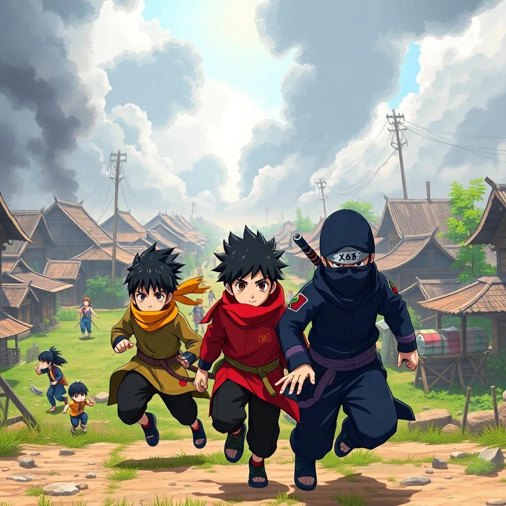 A vibrant village in chaos, with villagers running, a smoky sky in the background, three young boys (Madara, Izuna, and Kakashi) looking determined, colorful ninja outfits, action scene, illustration, dynamic perspective, high quality