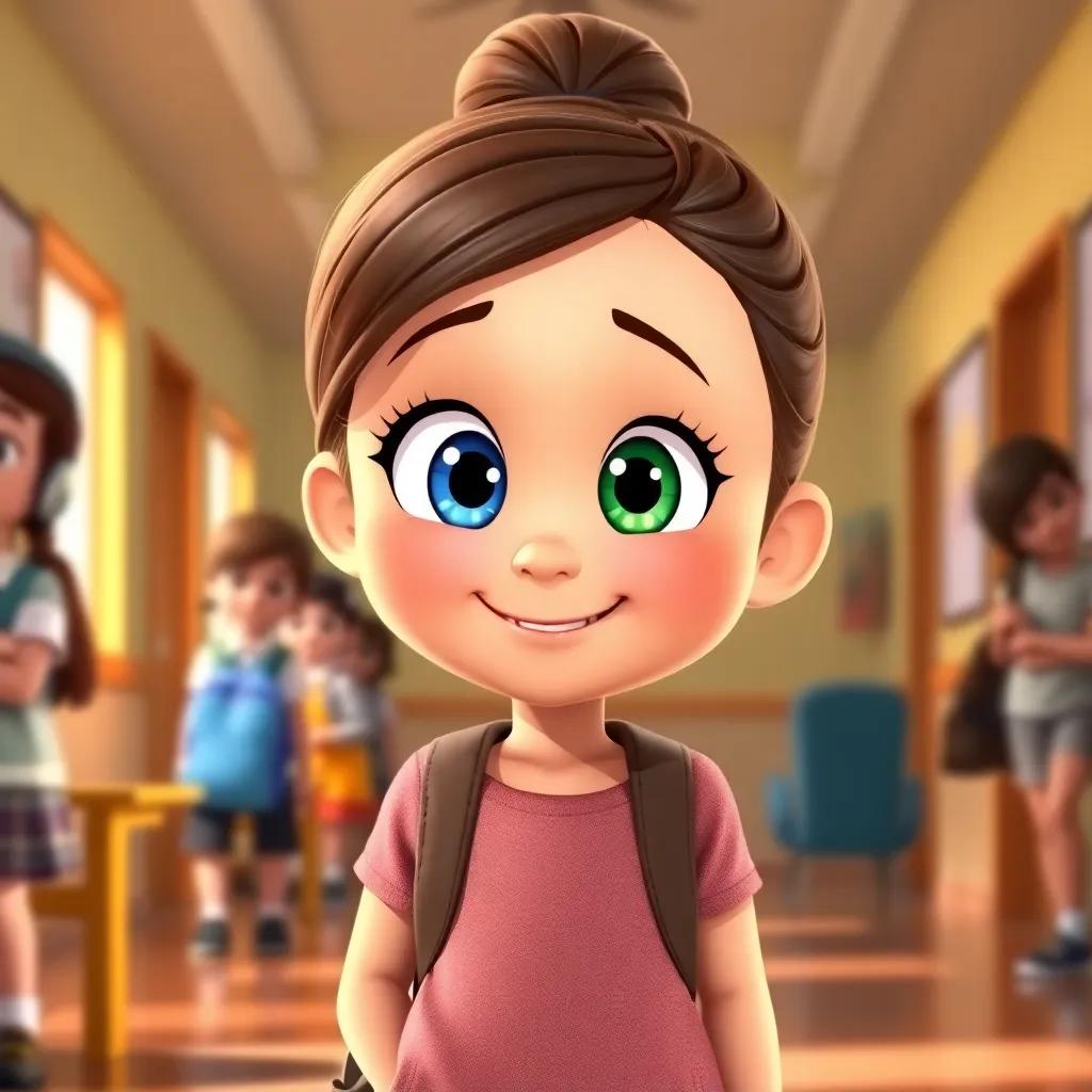 A little girl, Madelyn, with one bright blue eye and one soft green eye, standing confidently at school, smiling despite being teased, digital art, warm and inviting colors, cheerful atmosphere, child-friendly, high quality