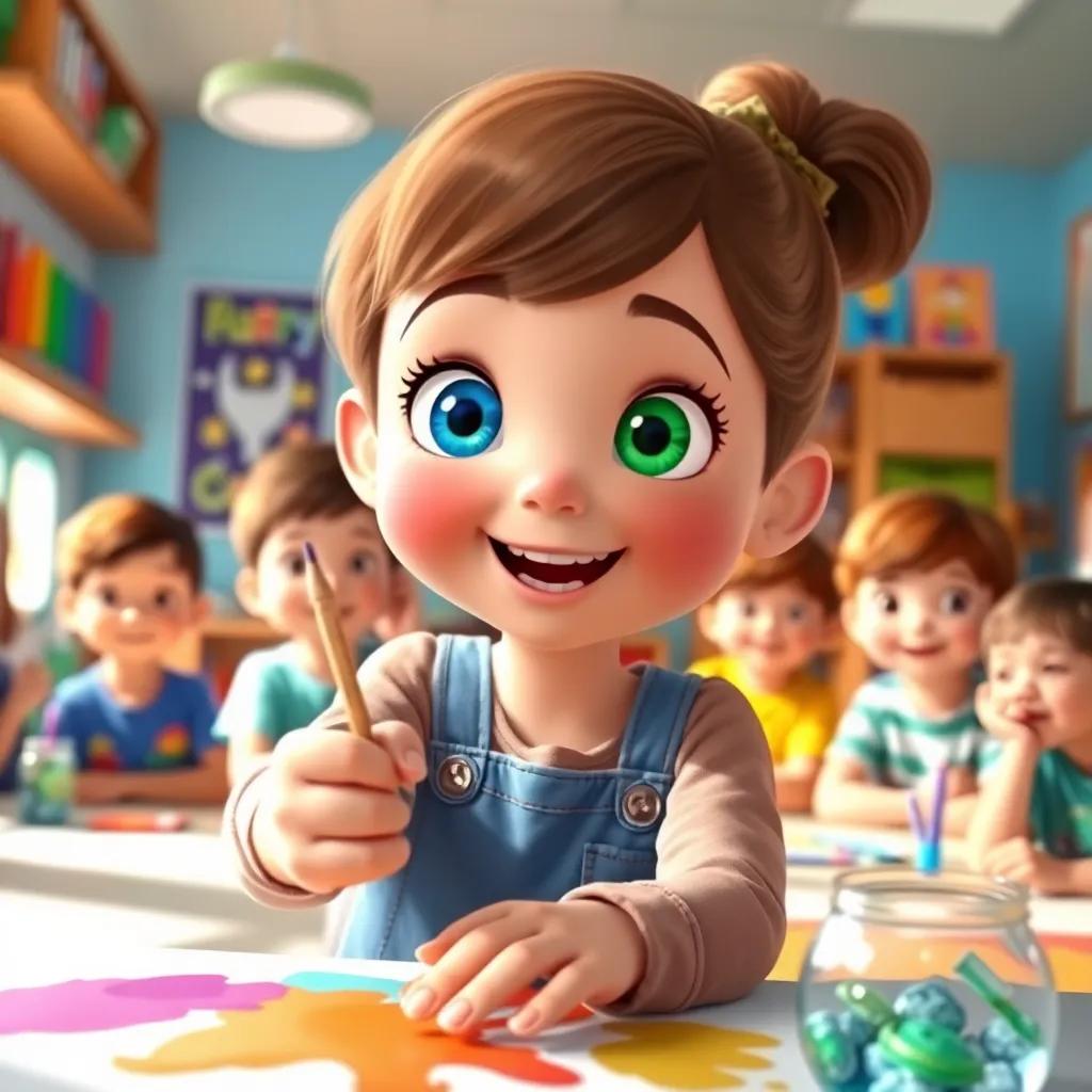 Madelyn, a little girl with one bright blue eye and one soft green eye, joyfully painting her artwork in a colorful classroom, surrounded by her classmates looking intrigued, vibrant colors, bright light, inspiring perspective, cheerful mood, high quality