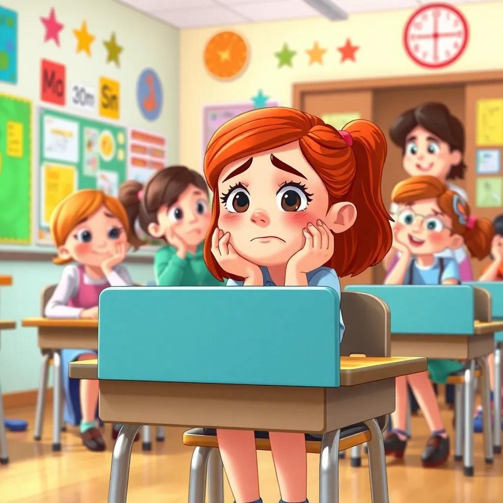 Madelyn sitting at a school desk, looking hurt with classmates whispering and giggling, Mrs. Brown the teacher looking concerned, classroom filled with colorful decorations, illustration, vibrant colors, child-friendly
