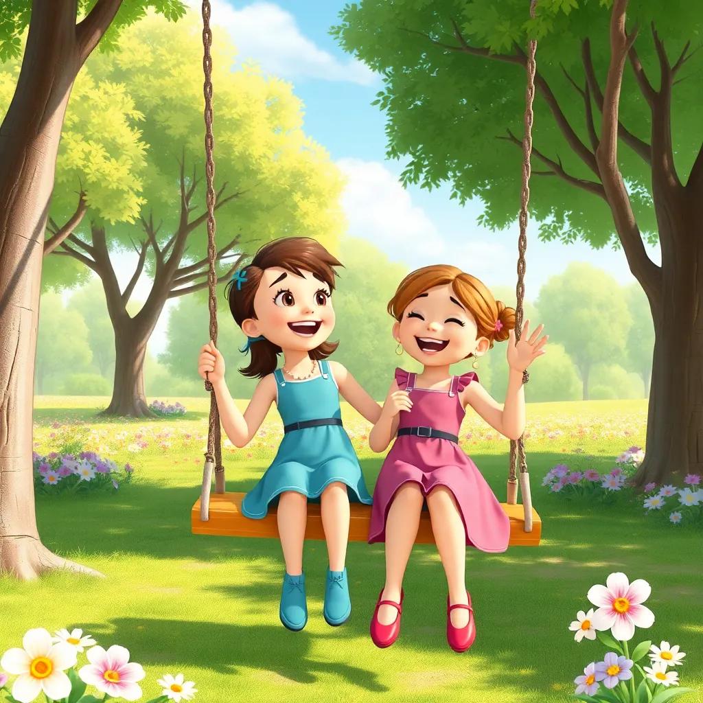 Madelyn on a swing with her friend Mia, both laughing and having fun, in a sunny park surrounded by trees and flowers, joyful atmosphere, cheerful illustration, high quality