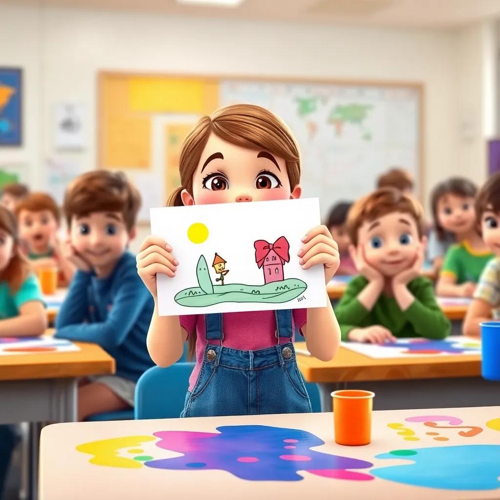 Madelyn proudly showing her drawing in class, classmates looking surprised and excited, colorful paints on desks, a sense of creativity in the air, lively classroom, bright colors, happy feeling